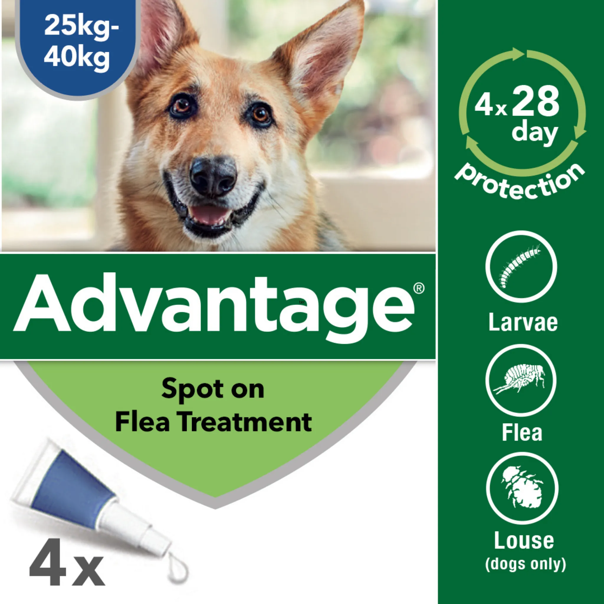 Advantage 400, 4 Week Spot-On Flea Treatment For Large Dogs - 25-40kg - 4 Pipettes