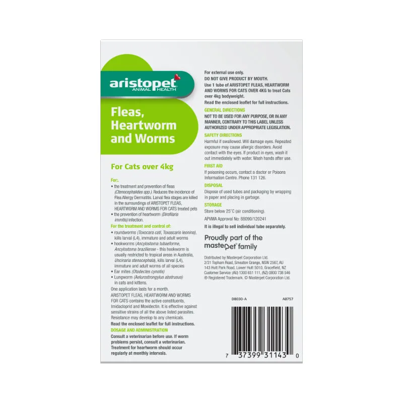 Aristopet Fleas, Heartworm and Worms Topical Treatment for Cats Over 4kg (3 pack)