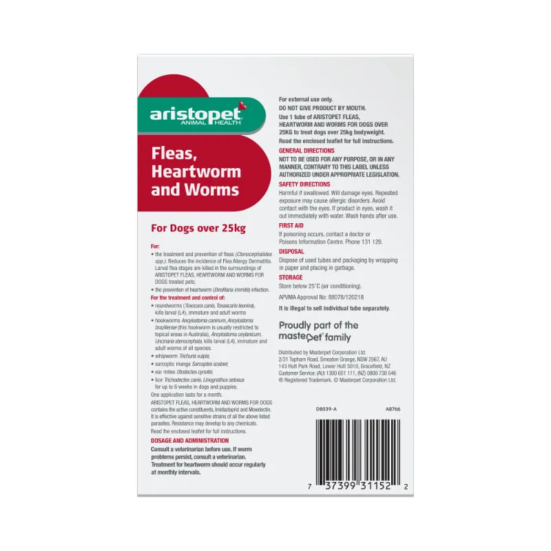 Aristopet Fleas, Heartworm and Worms Topical Treatment for Dogs Over 25kg (6 pack)