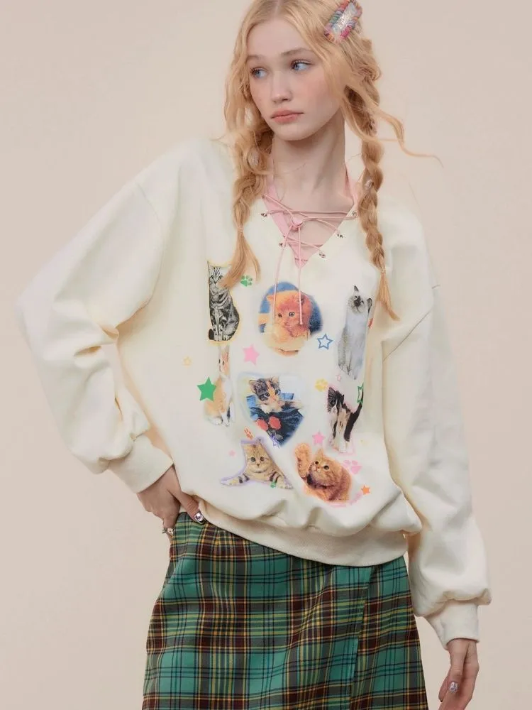 Cat print V-neck sweater【s0000003119】