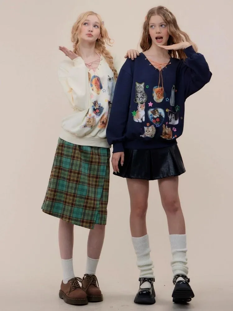 Cat print V-neck sweater【s0000003119】
