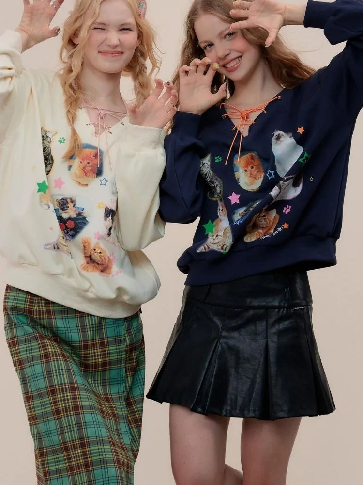 Cat print V-neck sweater【s0000003119】
