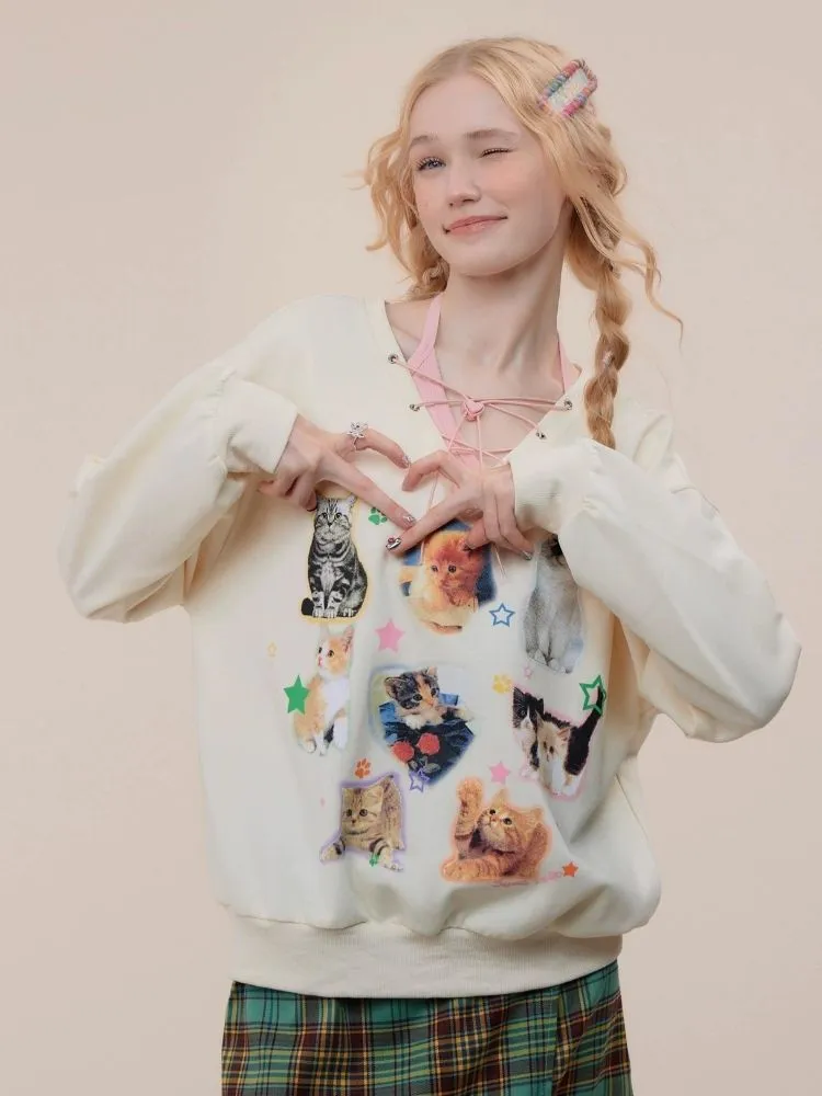 Cat print V-neck sweater【s0000003119】