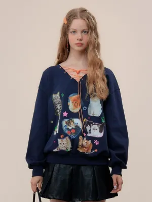 Cat print V-neck sweater【s0000003119】