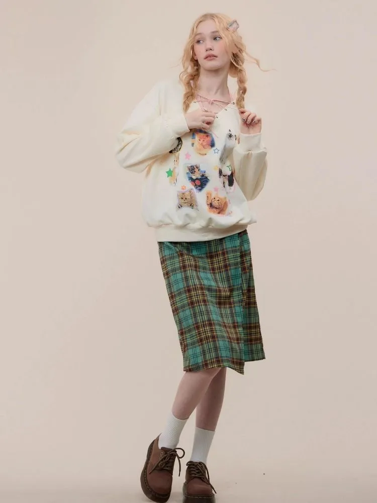 Cat print V-neck sweater【s0000003119】
