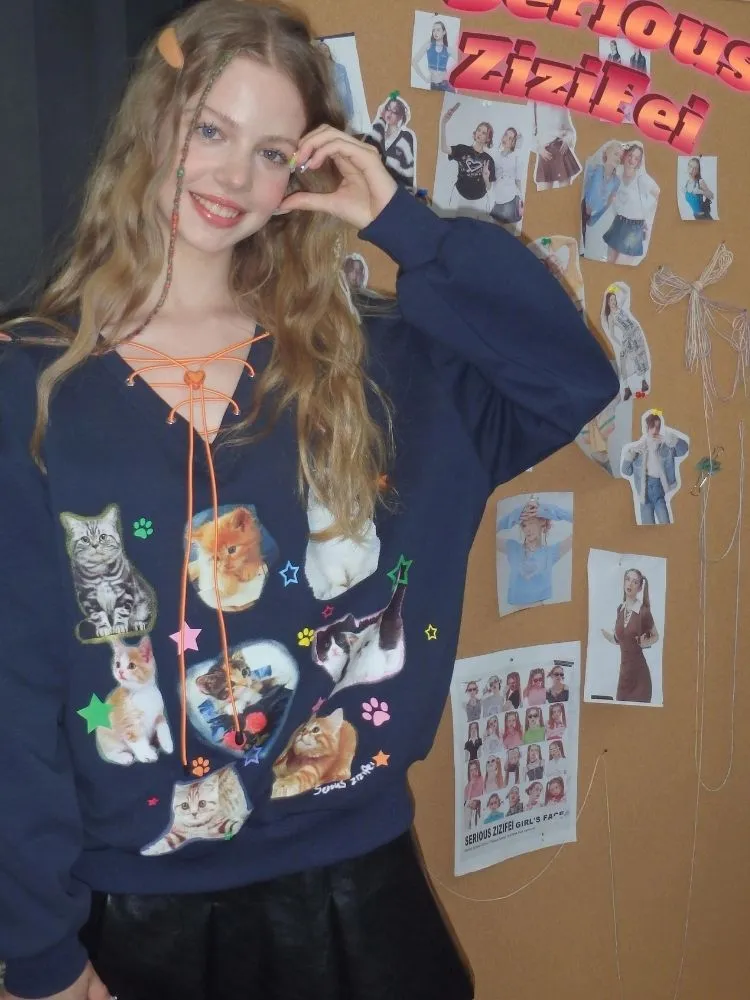 Cat print V-neck sweater【s0000003119】