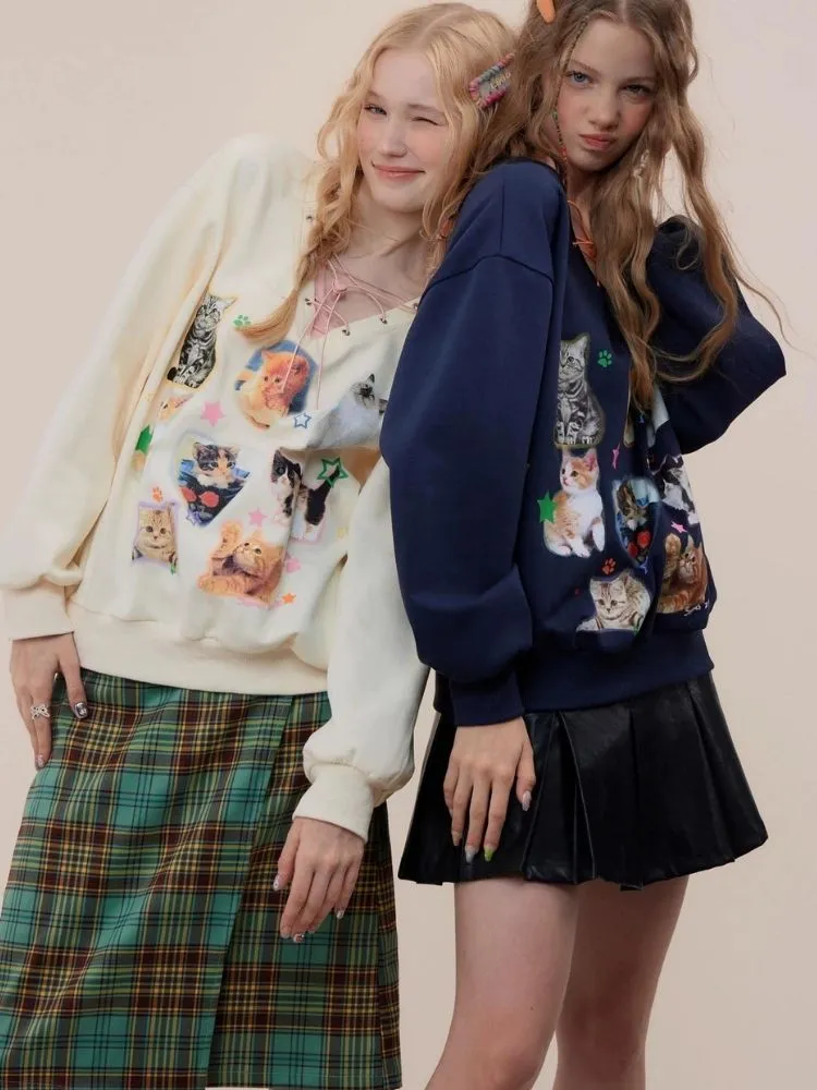 Cat print V-neck sweater【s0000003119】