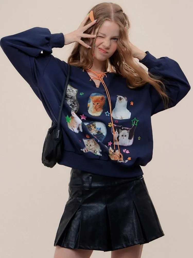 Cat print V-neck sweater【s0000003119】
