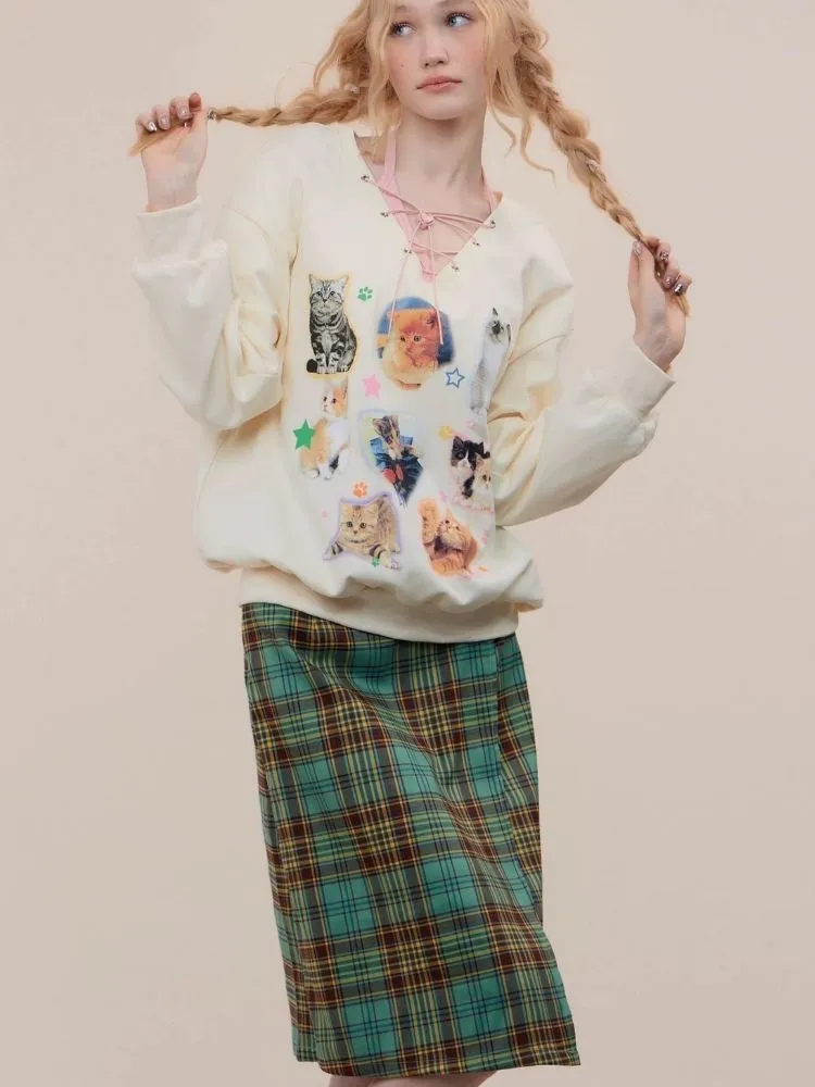 Cat print V-neck sweater【s0000003119】