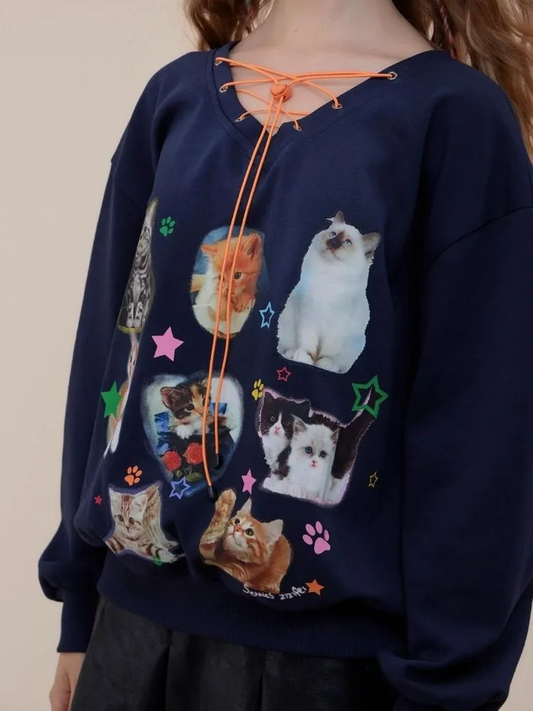 Cat print V-neck sweater【s0000003119】
