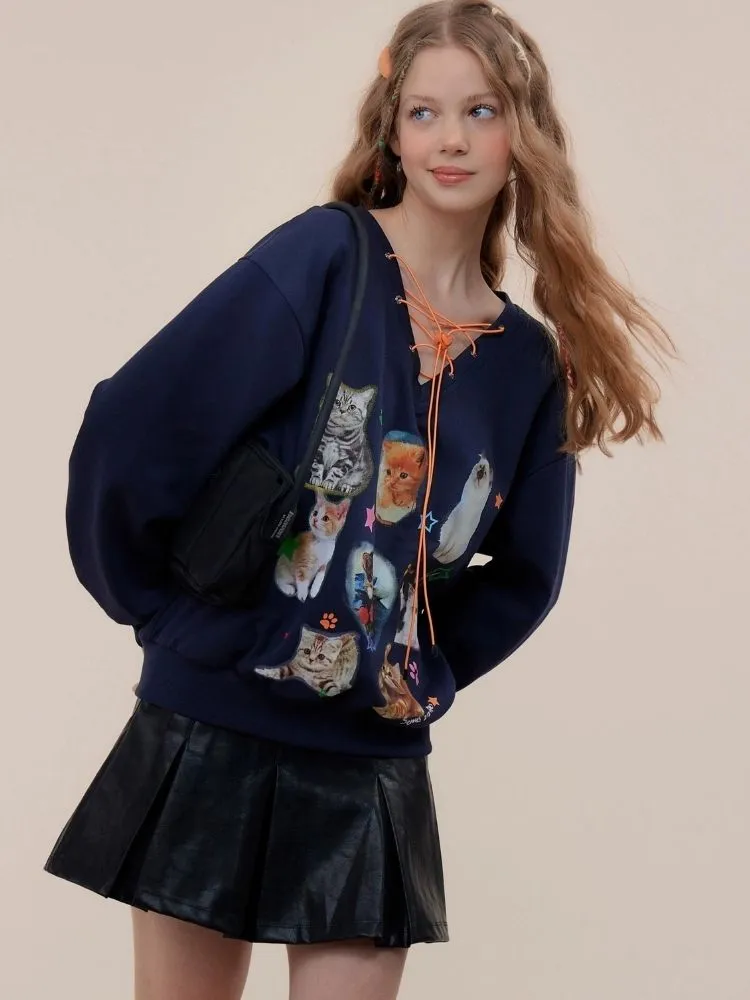 Cat print V-neck sweater【s0000003119】