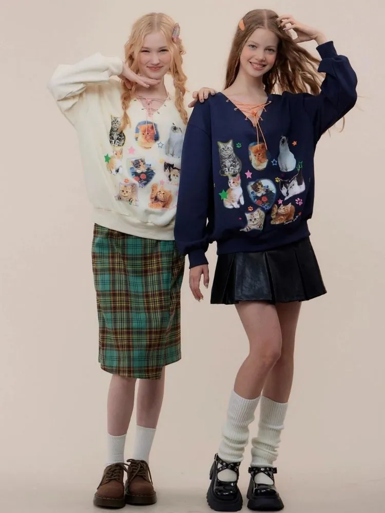 Cat print V-neck sweater【s0000003119】