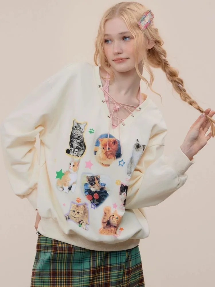 Cat print V-neck sweater【s0000003119】