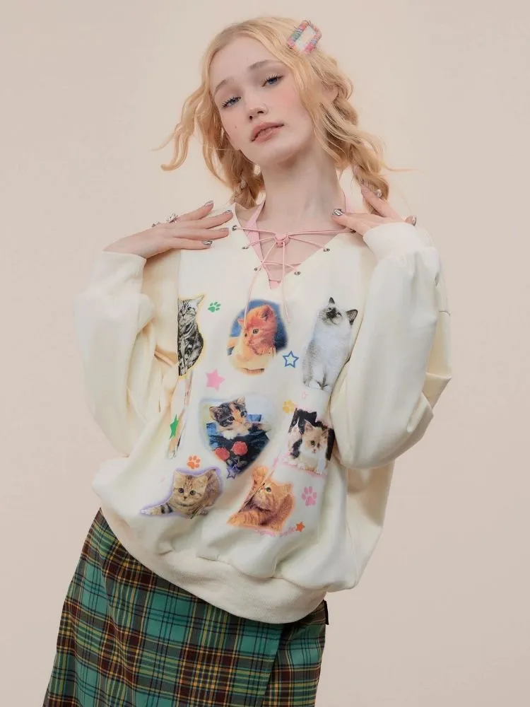 Cat print V-neck sweater【s0000003119】