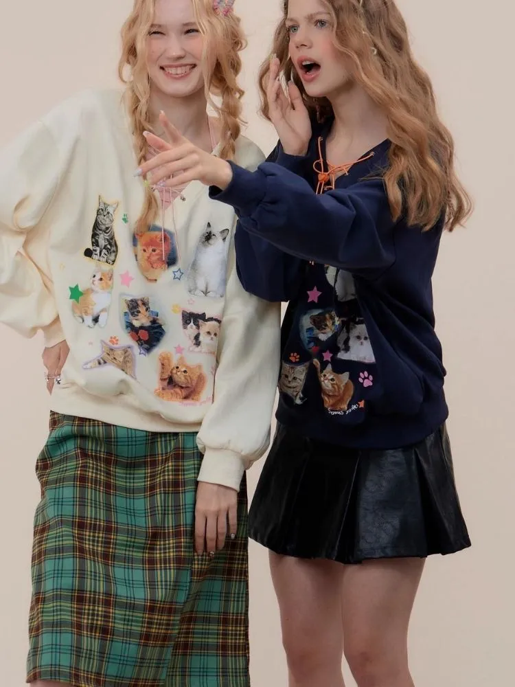 Cat print V-neck sweater【s0000003119】