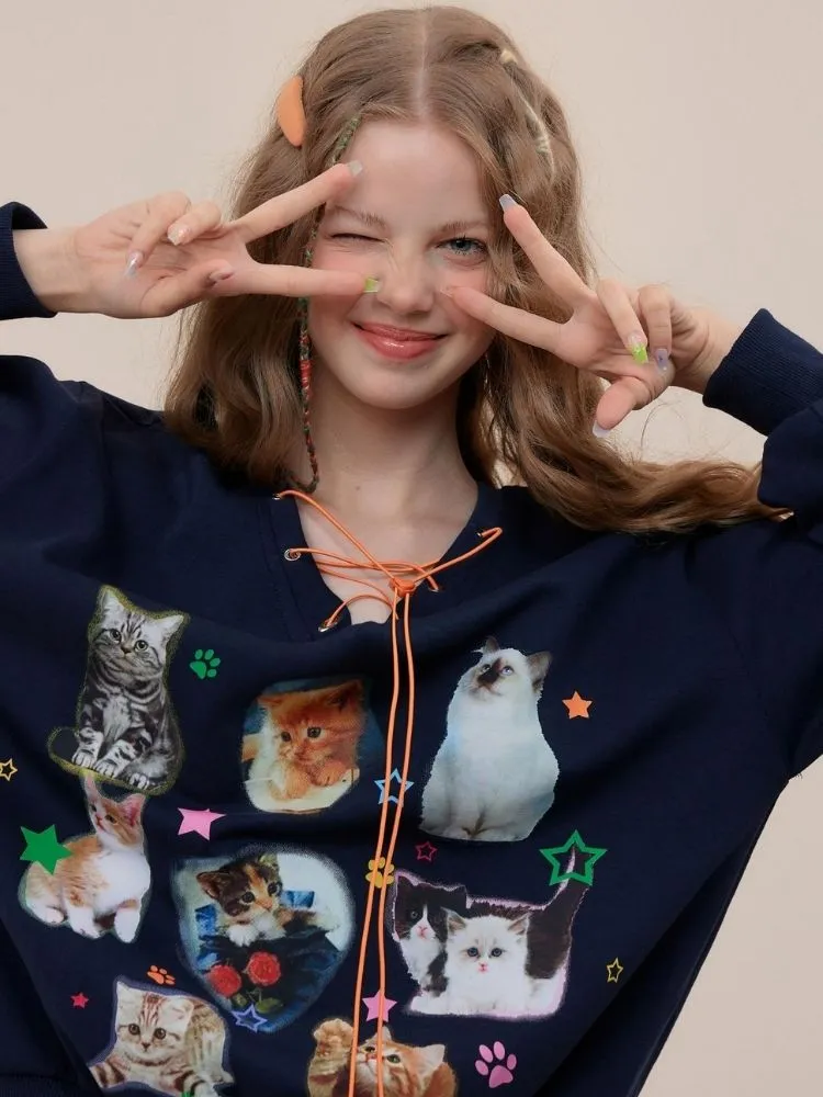 Cat print V-neck sweater【s0000003119】
