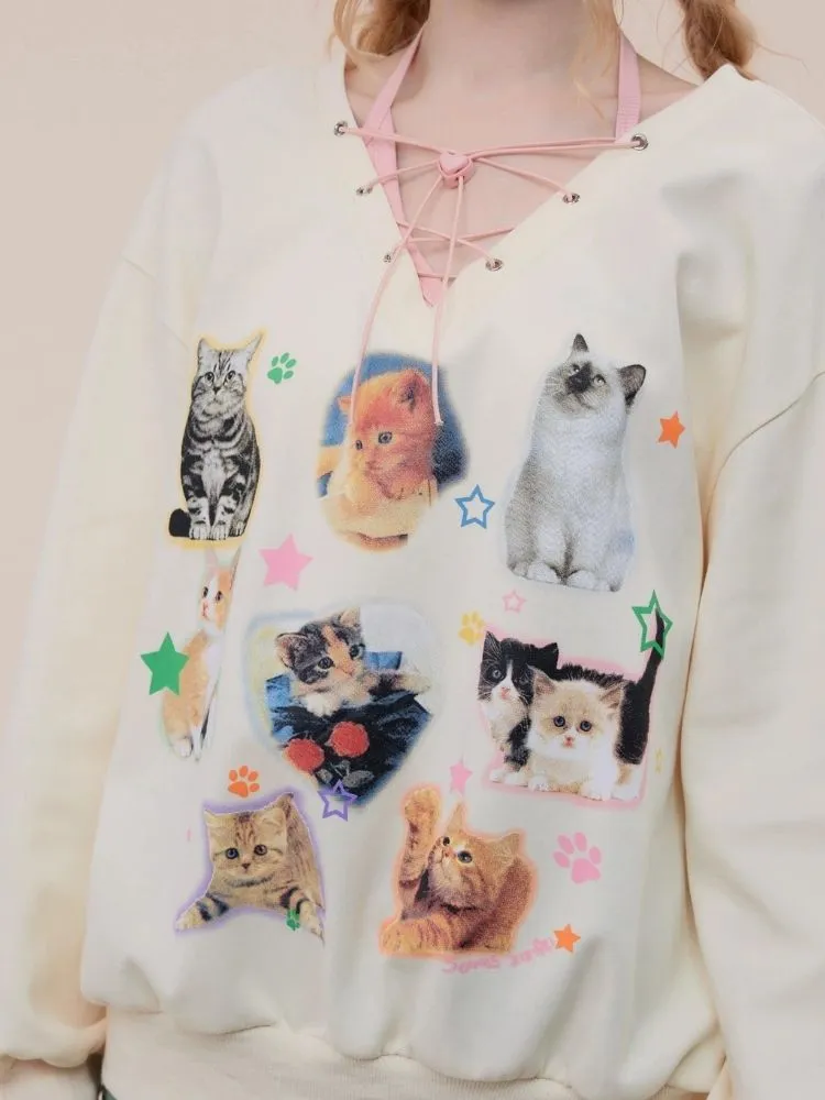 Cat print V-neck sweater【s0000003119】