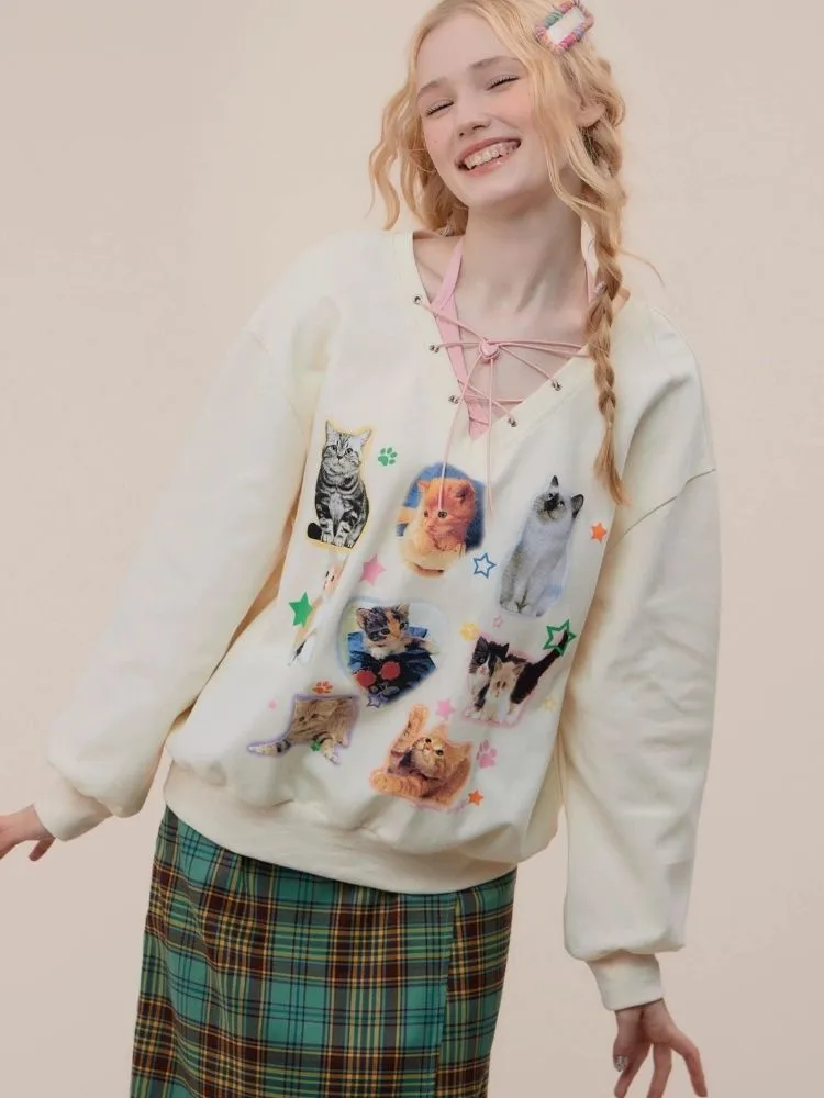 Cat print V-neck sweater【s0000003119】
