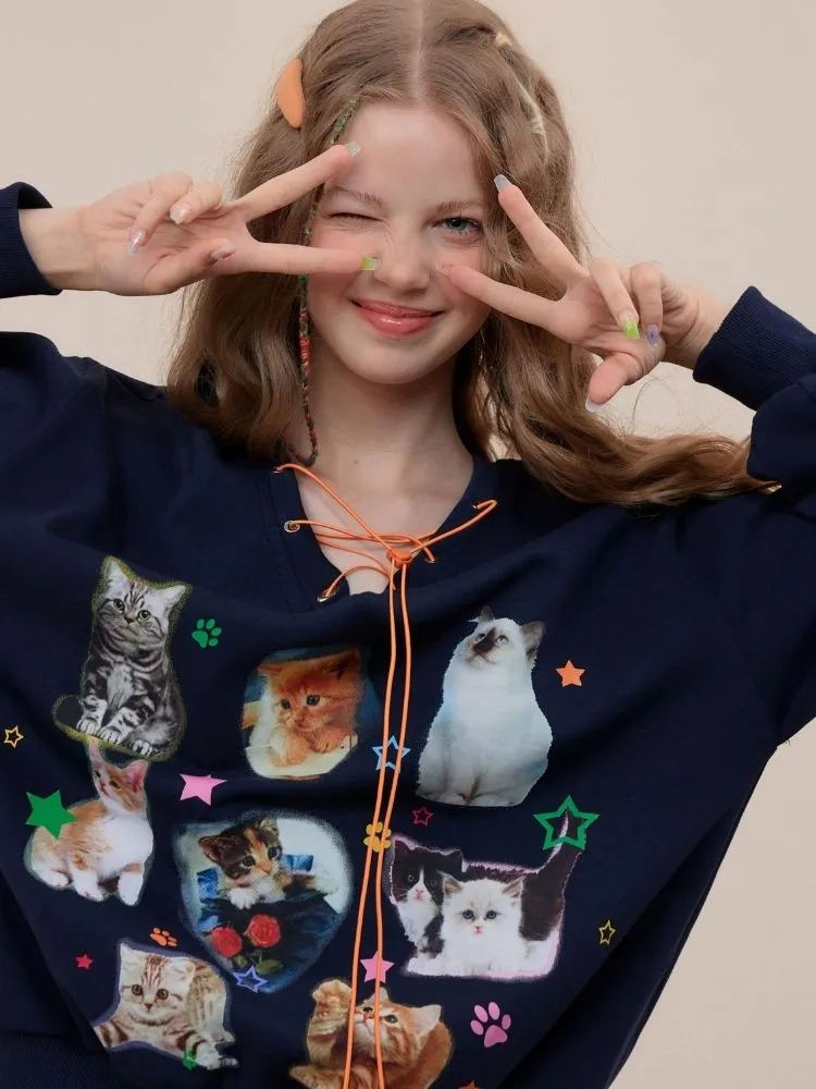 Cat print V-neck sweater【s0000003119】