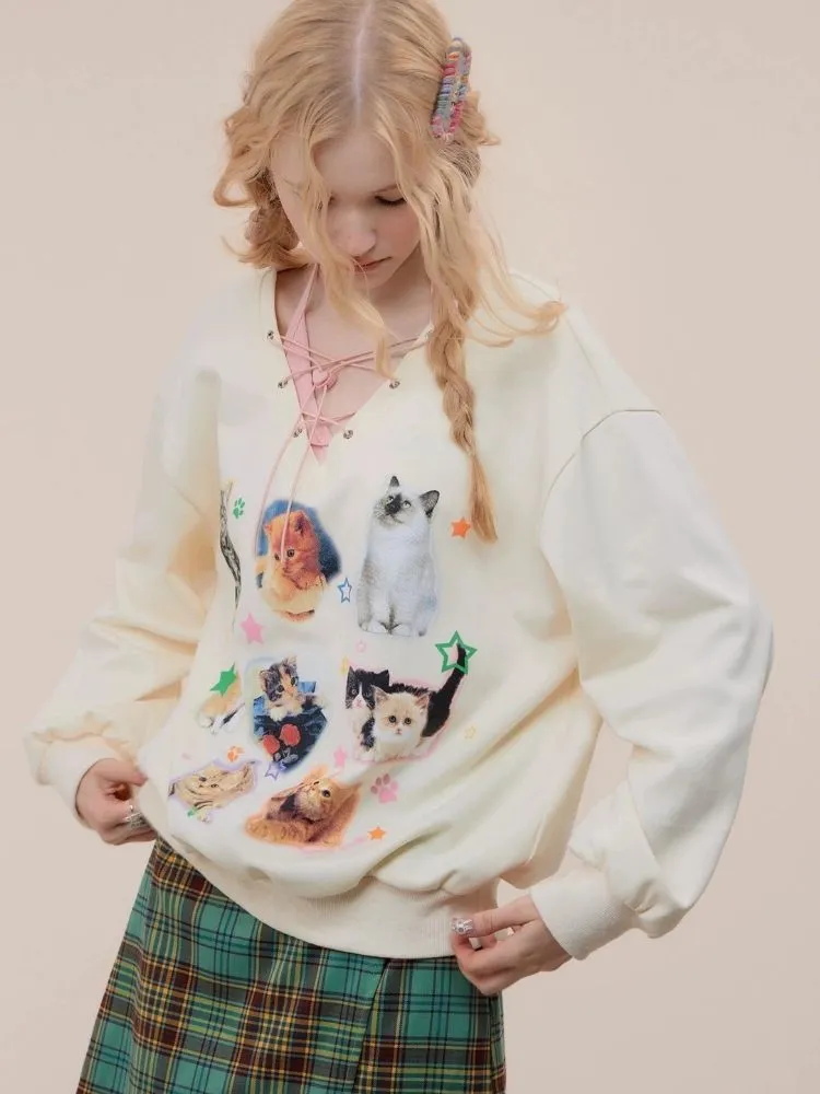Cat print V-neck sweater【s0000003119】