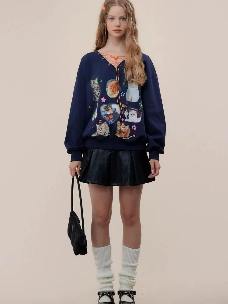 Cat print V-neck sweater【s0000003119】