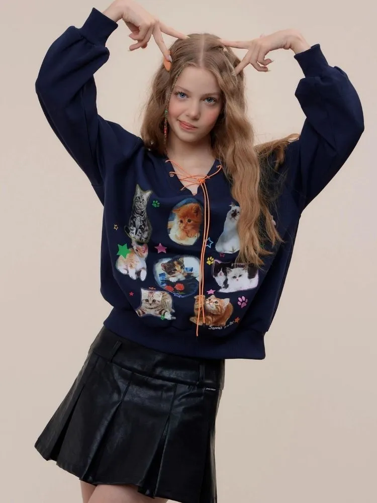 Cat print V-neck sweater【s0000003119】