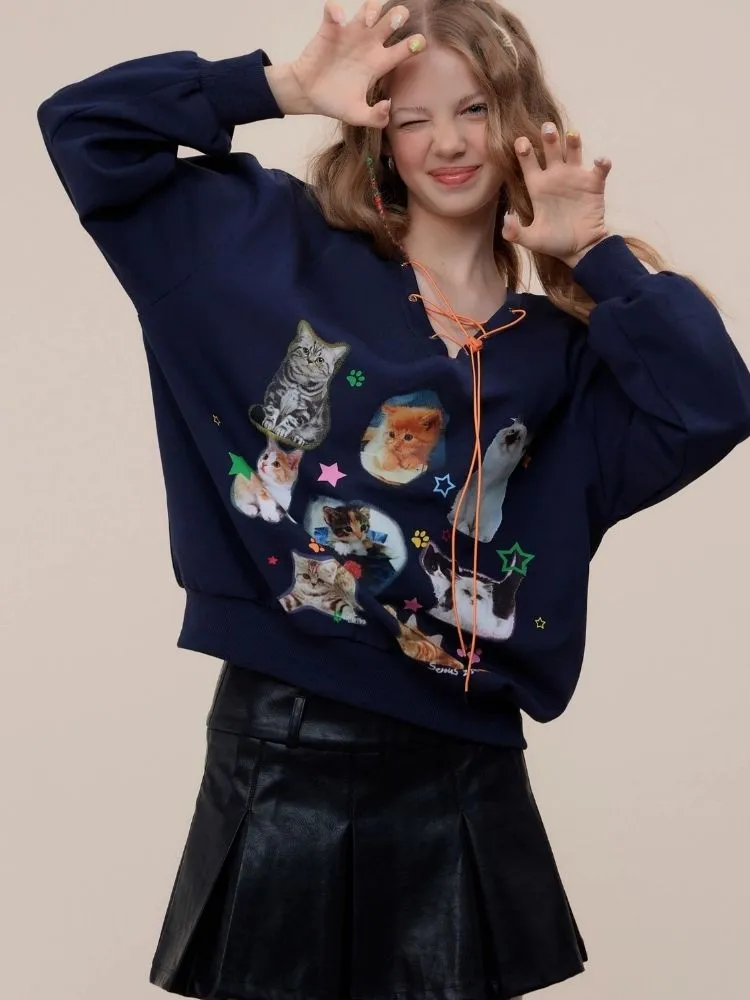 Cat print V-neck sweater【s0000003119】