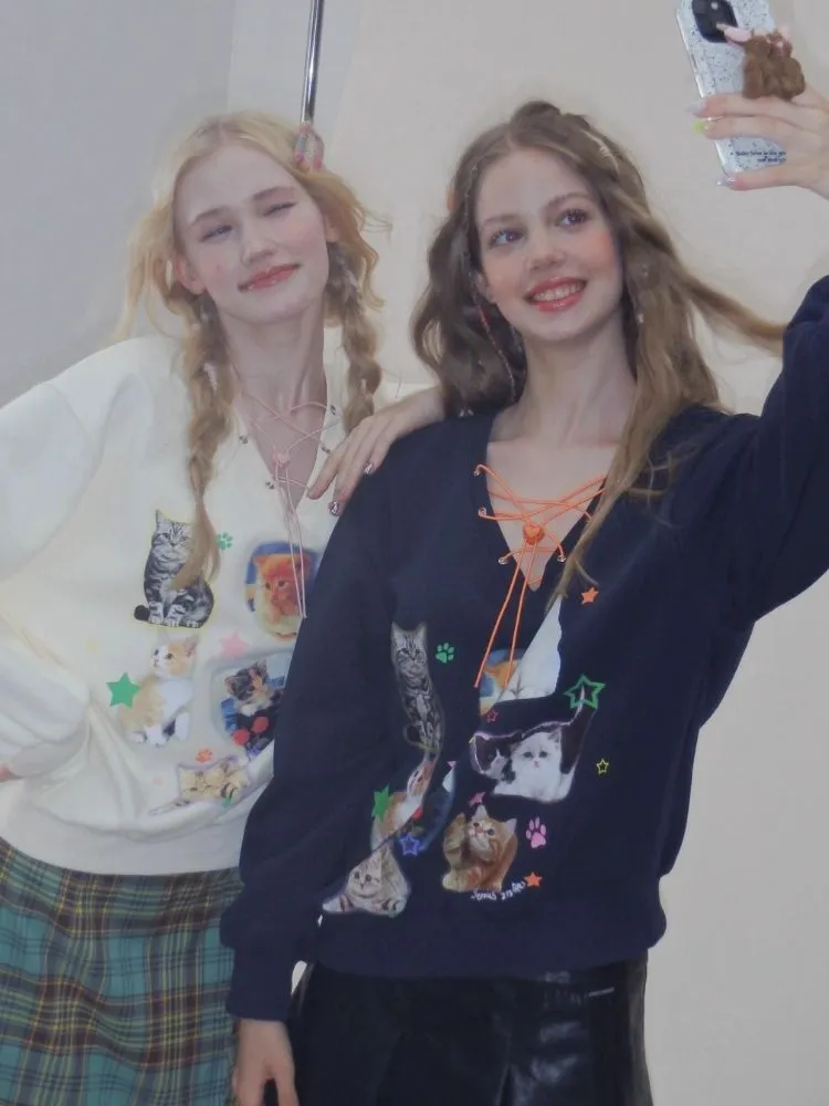 Cat print V-neck sweater【s0000003119】