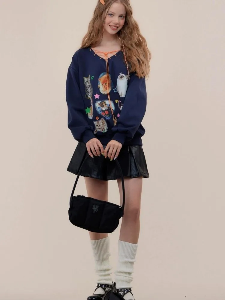 Cat print V-neck sweater【s0000003119】