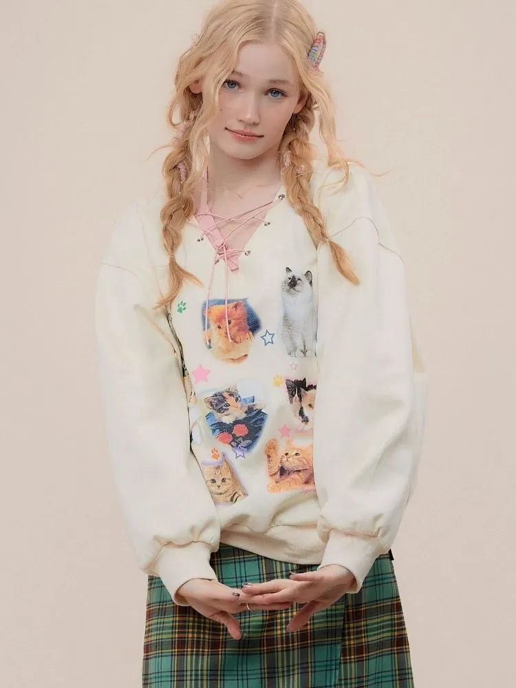 Cat print V-neck sweater【s0000003119】