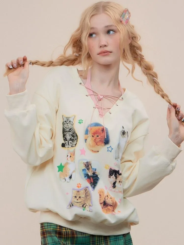 Cat print V-neck sweater【s0000003119】
