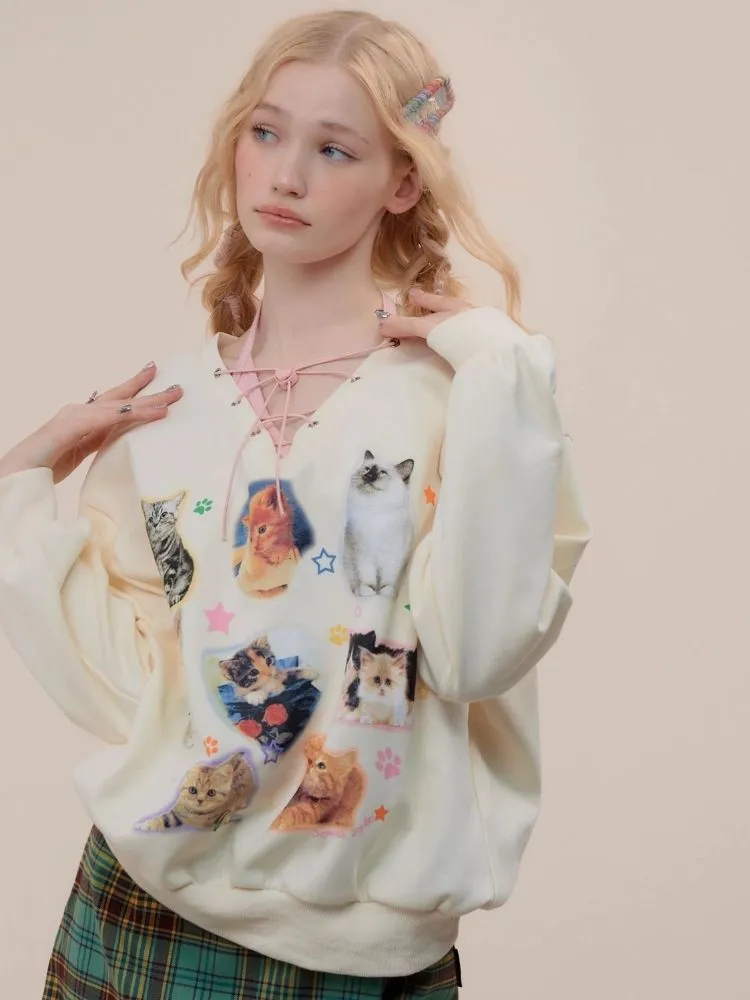 Cat print V-neck sweater【s0000003119】