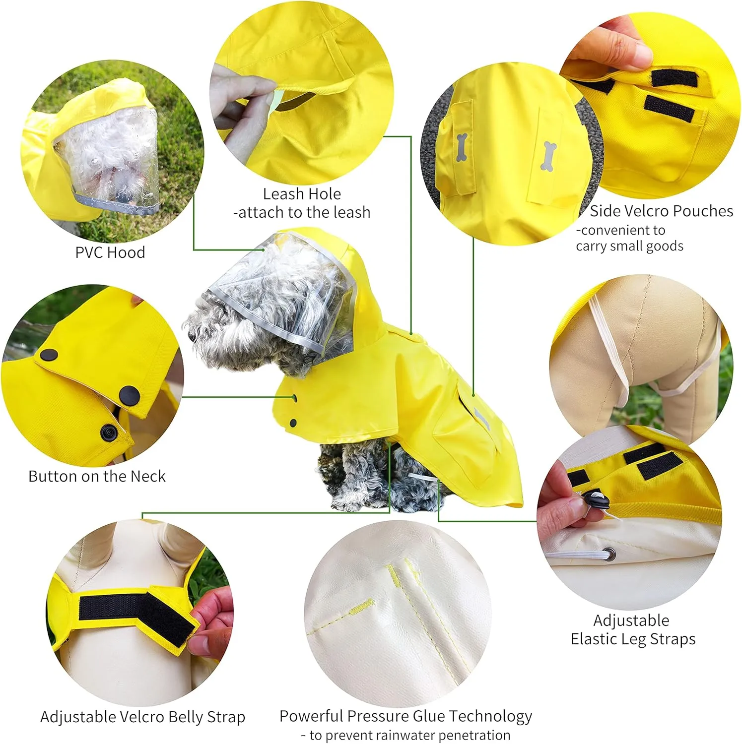 Dog Raincoat Waterproof Rain Poncho with Hoodie, High Reflective Adjustable Pet Rain Jacket with Leash Hole for Small Medium and Large Dogs (Fluorescent Green, Small)