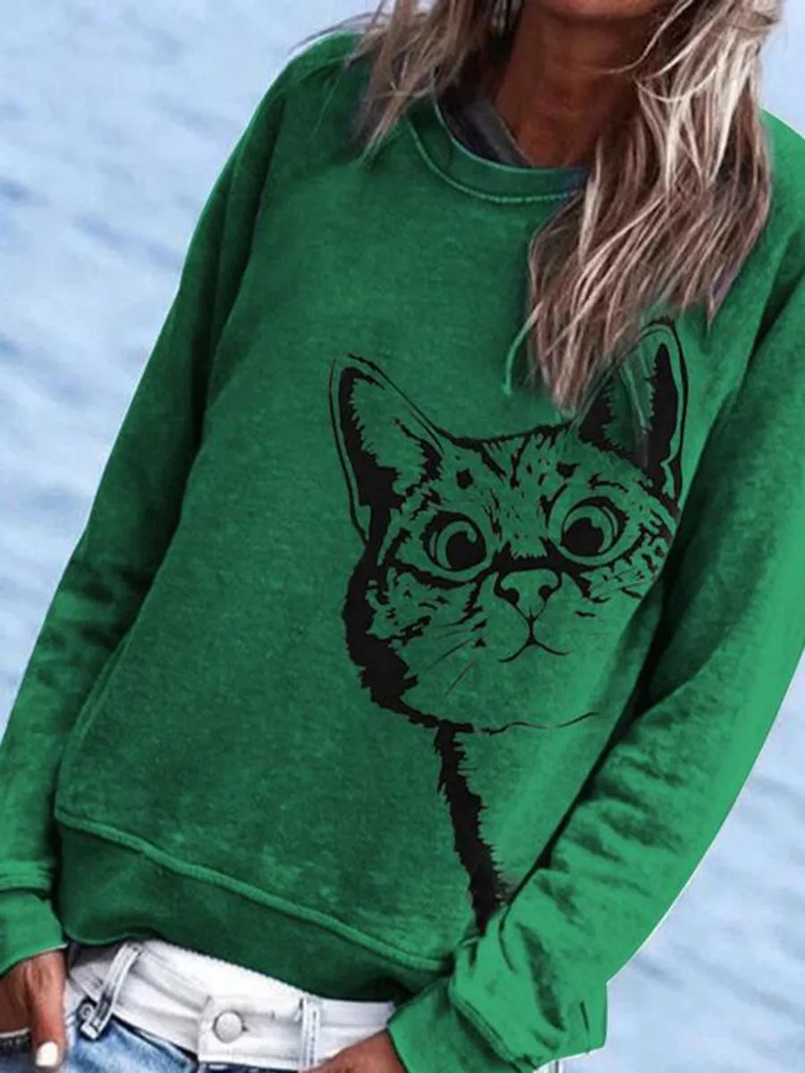 Fashion Cat Print Casual Loose Pullover Round Neck Sweater