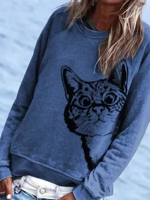 Fashion Cat Print Casual Loose Pullover Round Neck Sweater