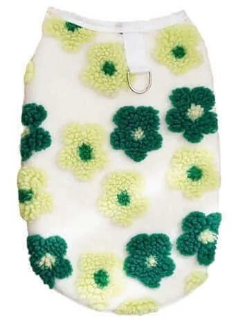 KUTKUT Winter Small Dog Cat Flower Sleeveless Vest Soft Warm Coral Fleece Double Layer Cozy Soft Button Open Sweater Small Doggie Outfit for Maltese, ToyPoodle, Toypom ( Green Floral)