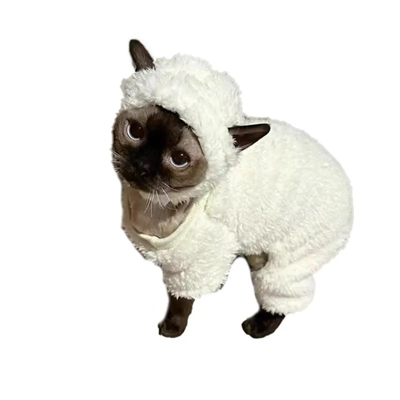 Shaun the Sheep Hairless Cat Clothes | Autumn & Winter Warm Four-Legged Double-Faced Fleece Cotton Coat | Sphynx & Devon Cat Outfit