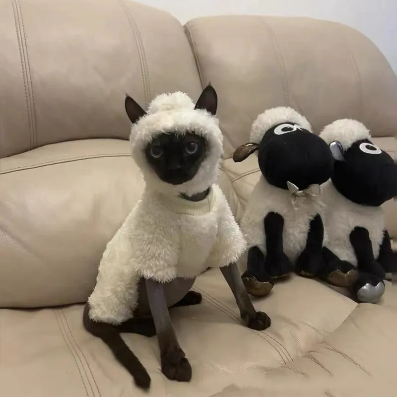 Shaun the Sheep Hairless Cat Clothes | Autumn & Winter Warm Four-Legged Double-Faced Fleece Cotton Coat | Sphynx & Devon Cat Outfit