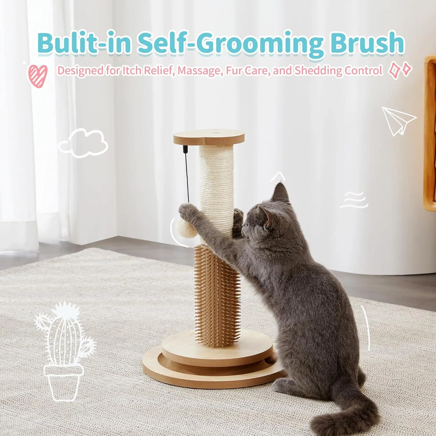 Wooden 4-in-1 Cat Scratcher with Natural Sisal Ropes