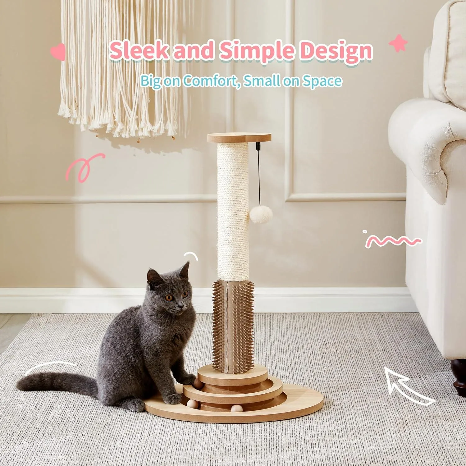 Wooden 4-in-1 Cat Scratcher with Natural Sisal Ropes